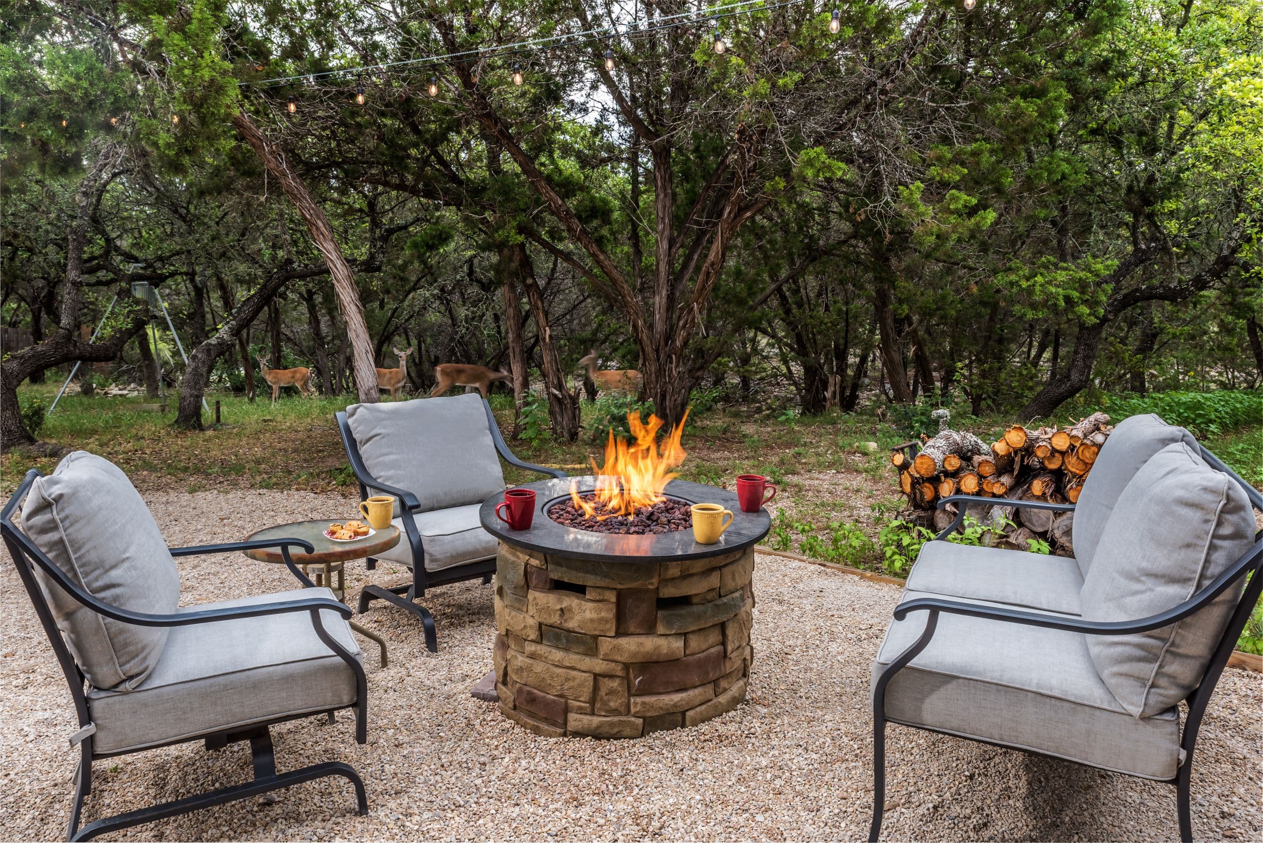 Cozy outdoor seating area with a fire pit and a view of the woods.