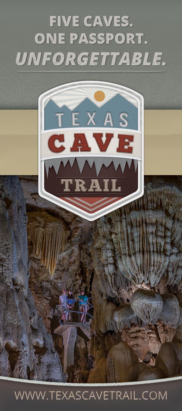 A promotional graphic for the Texas Cave Trail featuring the text "Five caves. One passport. Unforgettable." with an image of visitors in a cave setting.