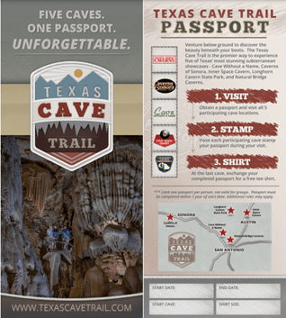 A promotional graphic for the Texas Cave Trail, featuring five caves, a passport program, and tips for visitors.